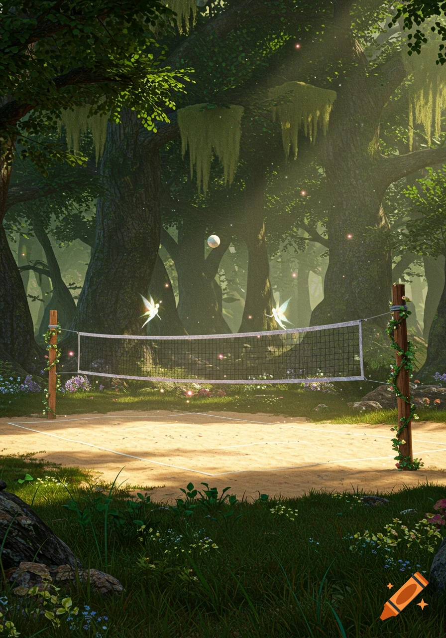 A magical volleyball court in a lush, enchanted forest with fairies flying around a volleyball.