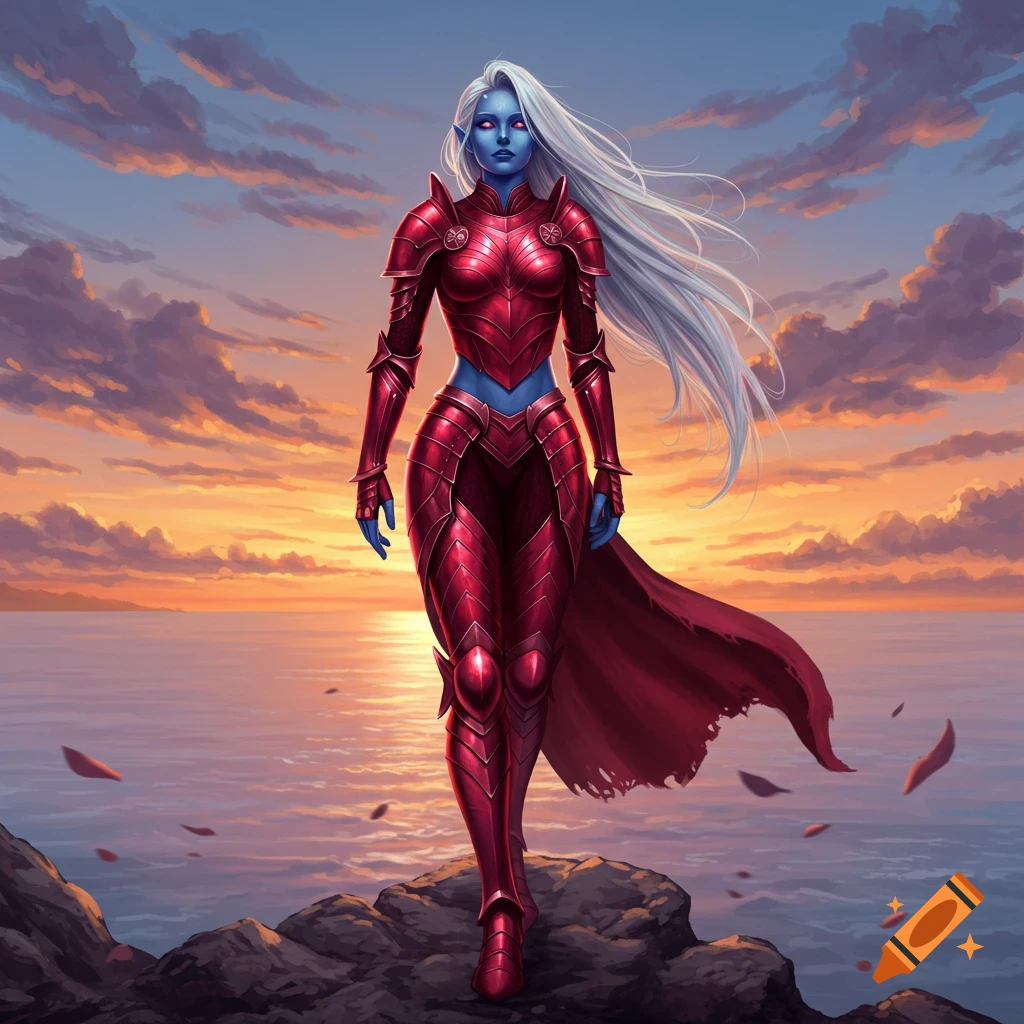 A blue-skinned woman in red armor with silver hair walks on rocks against a vibrant sunset over water, digital art.