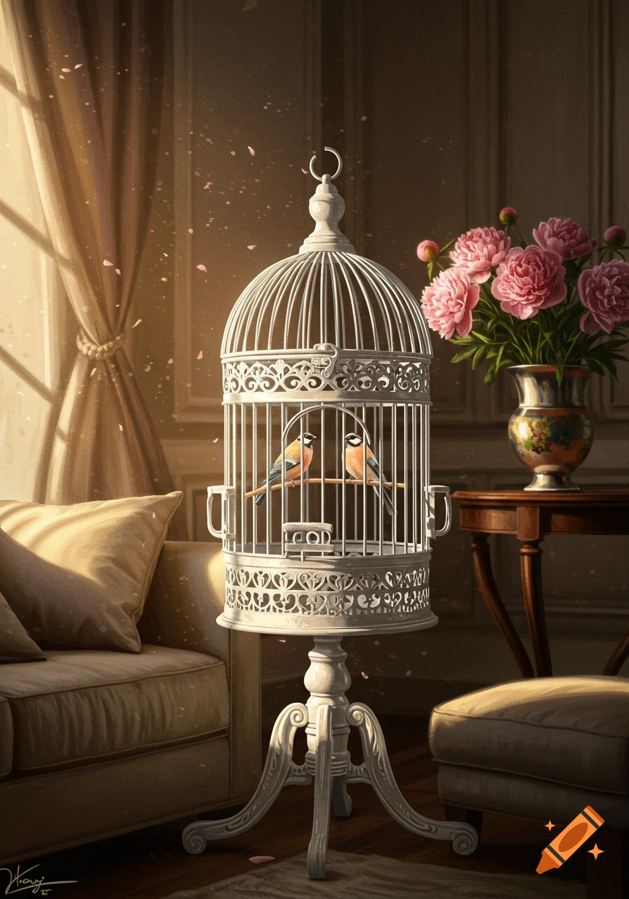 White decorative bird cage with two small birds in an elegant, sunlit living room with pink peonies.