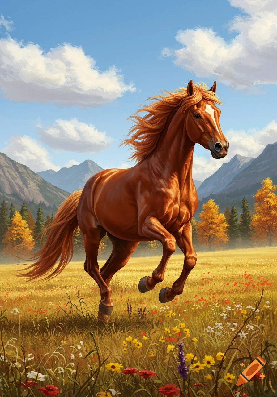 A majestic brown horse with a flowing mane gallops through a vibrant flower-filled meadow, with mountains under a blue sky.