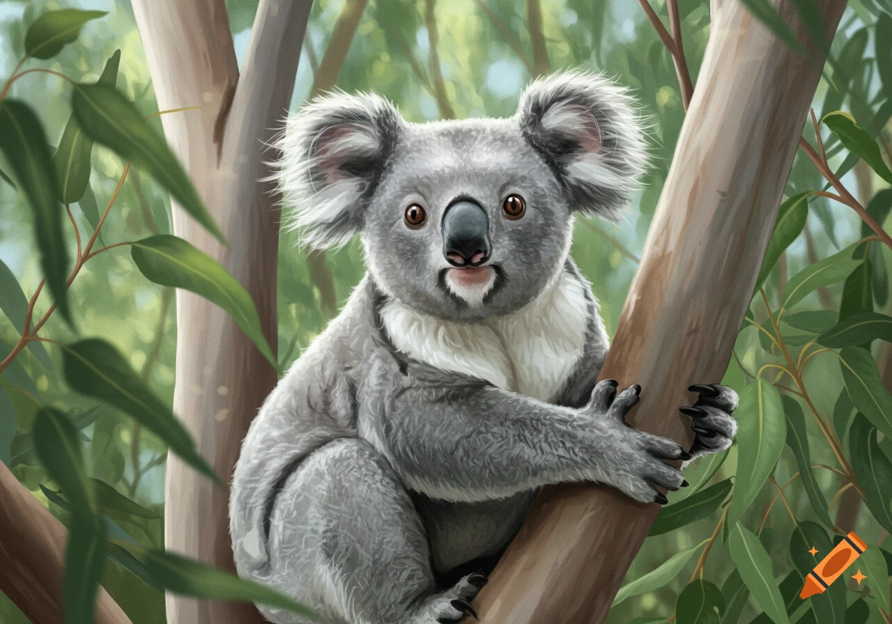 A charming illustration of a fuzzy grey koala with large ears sitting amidst green eucalyptus leaves in a tree, looking forward.