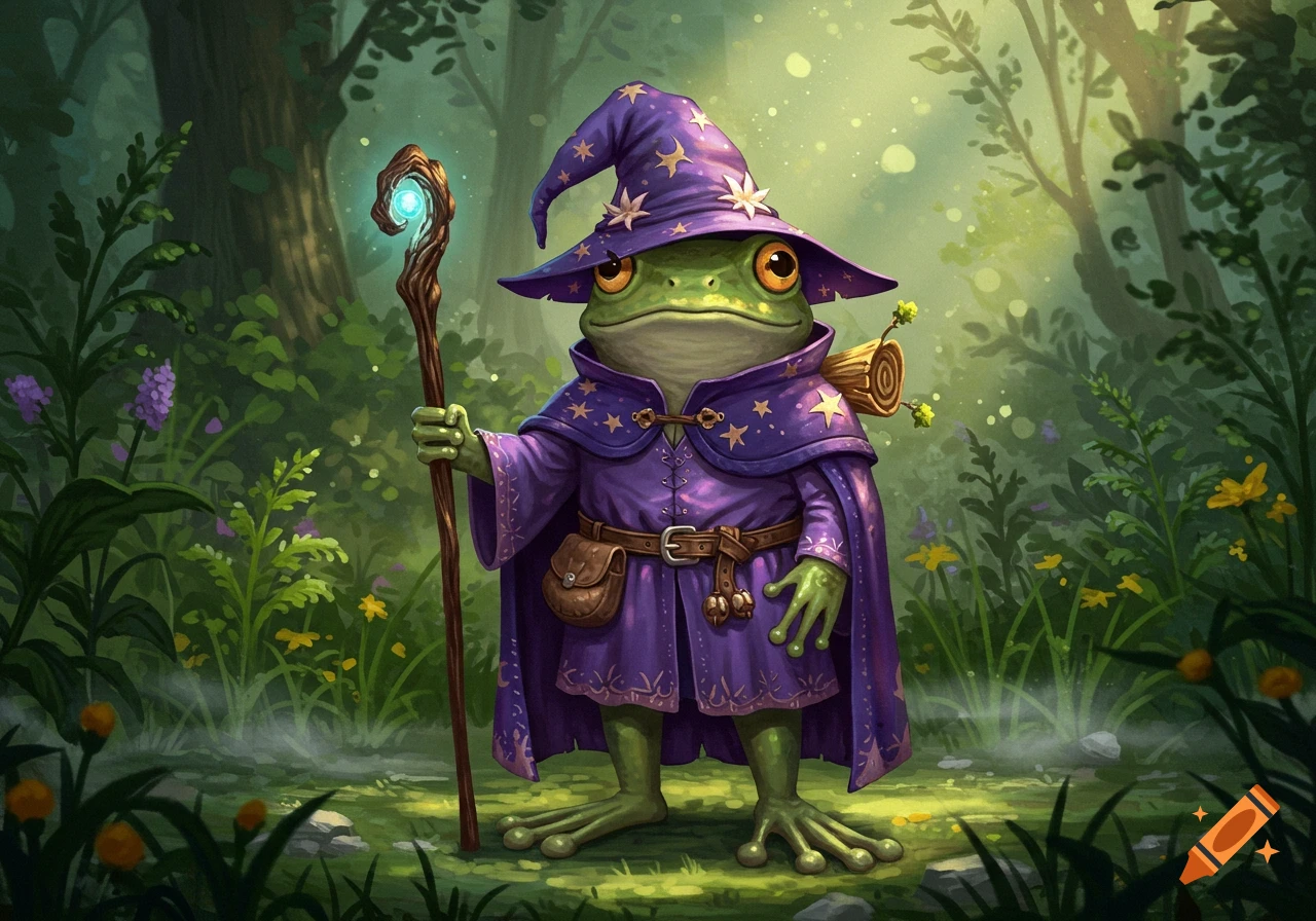 An anthropomorphic frog wizard in a purple starry hat and cloak holds a glowing staff in an enchanted forest, digital painting.