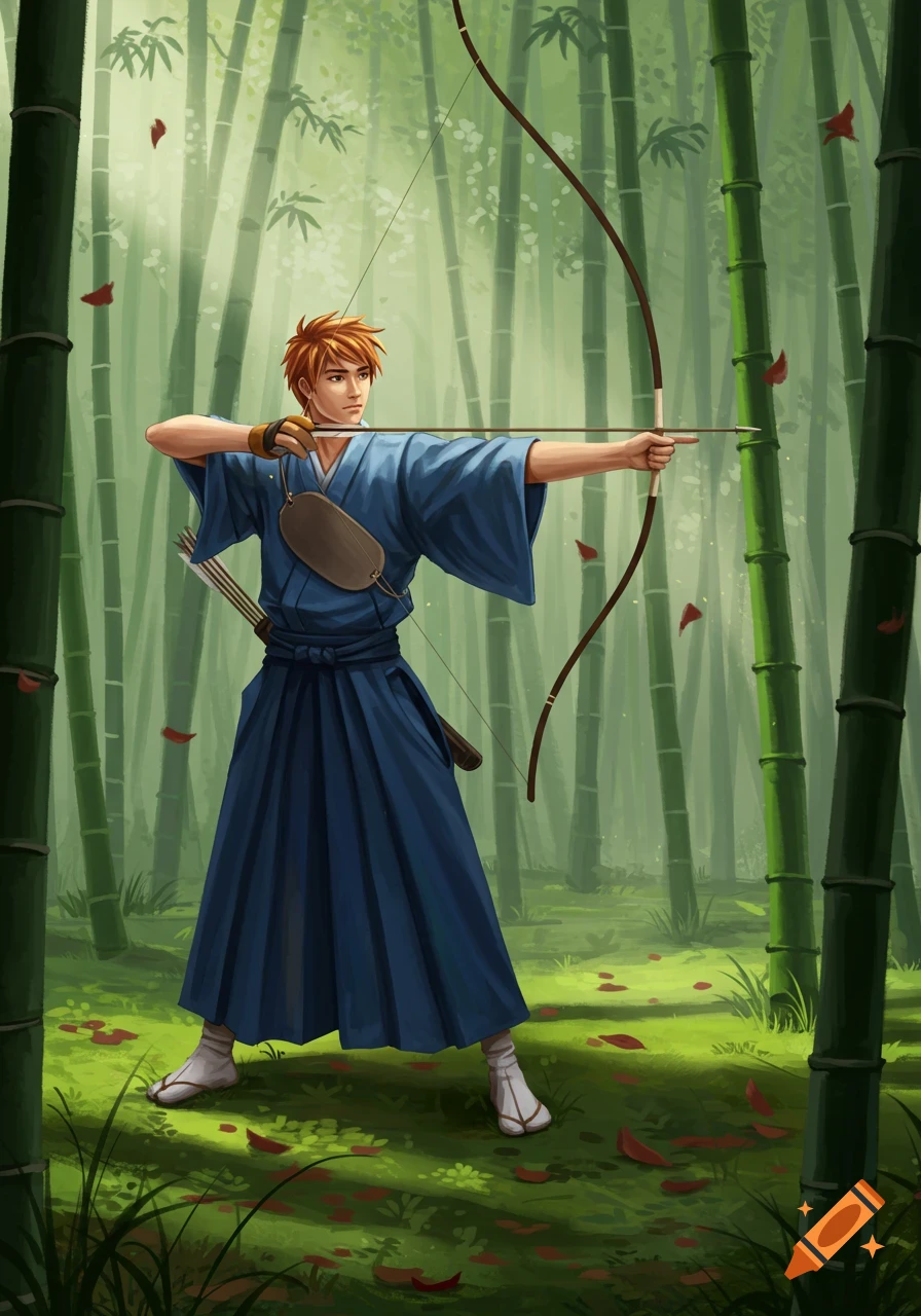 An illustrated male archer in a blue kimono and hakama draws his bow in a sun-dappled bamboo forest.