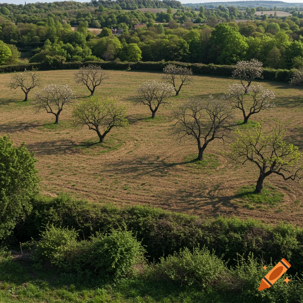 An aerial view of an uncultivated field with scattered fruit trees, some blooming, surrounded by green hedges, rolling hills, and forests under a bright sky.
