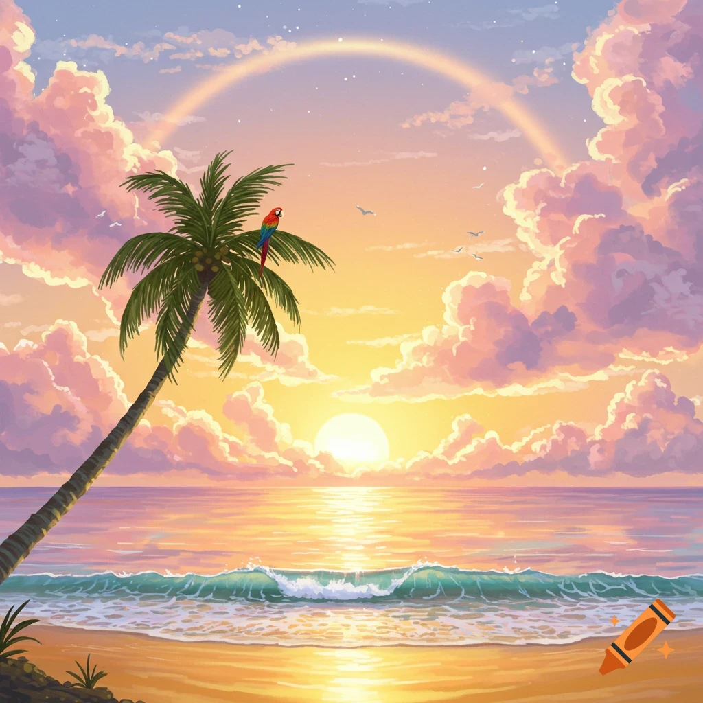 Vibrant illustration of a tropical beach at sunset, with a leaning palm tree, a parrot, ocean waves, and a rainbow in the sky.