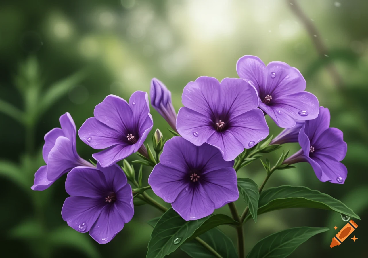 Close-up of vibrant purple flowers with green leaves and water droplets against a blurred green background.