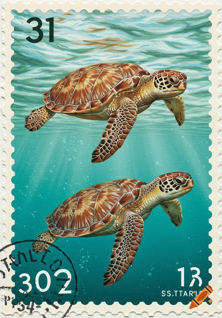 A realistic postage stamp design featuring two sea turtles swimming in clear blue-green water, with stamp numbers and some illegible text.