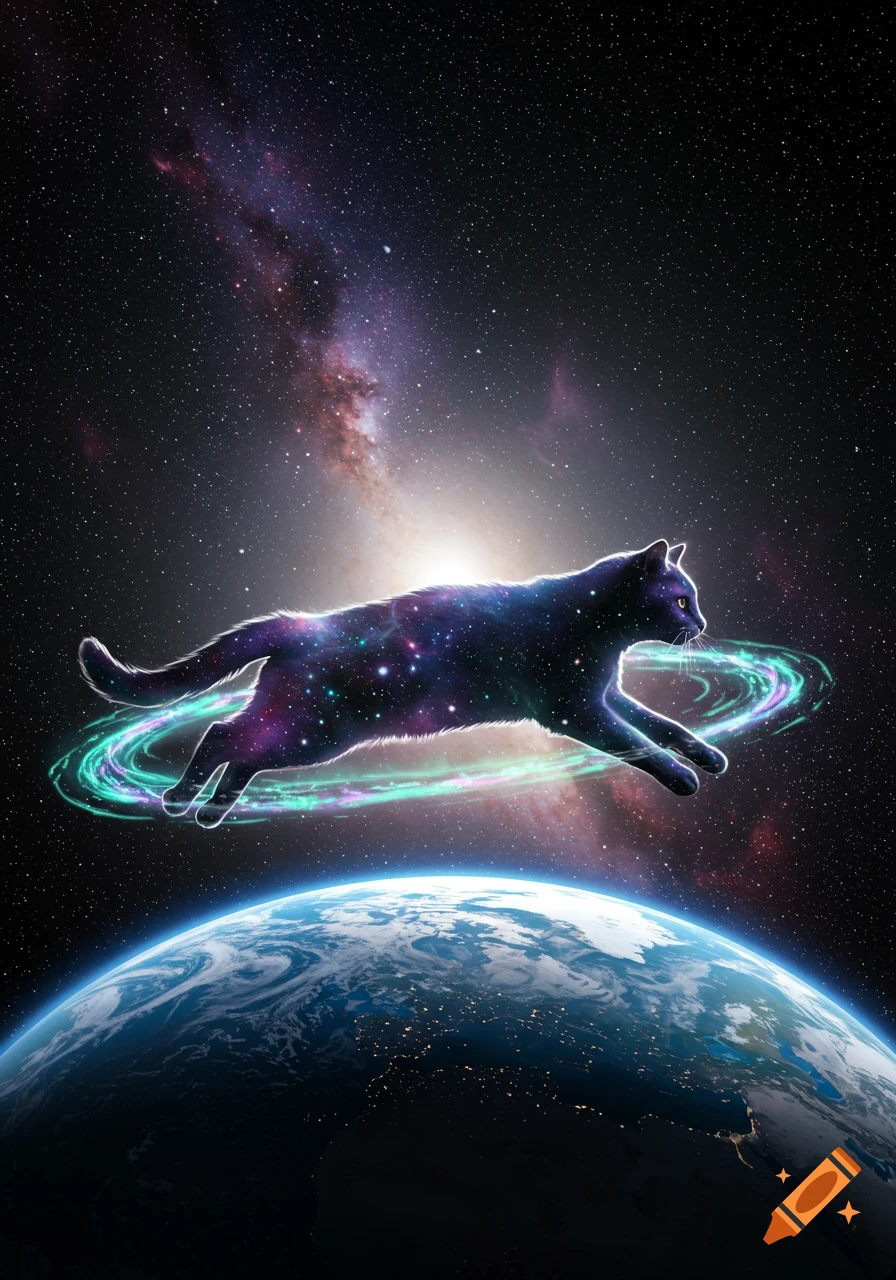 A cosmic cat, shimmering with stars and nebulae, leaps through space above Earth, encircled by a glowing aura.