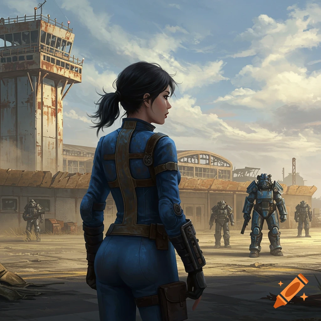 A woman in a blue Fallout vault suit with black hair looks over her shoulder at a ruined airport base with Power Armor soldiers.