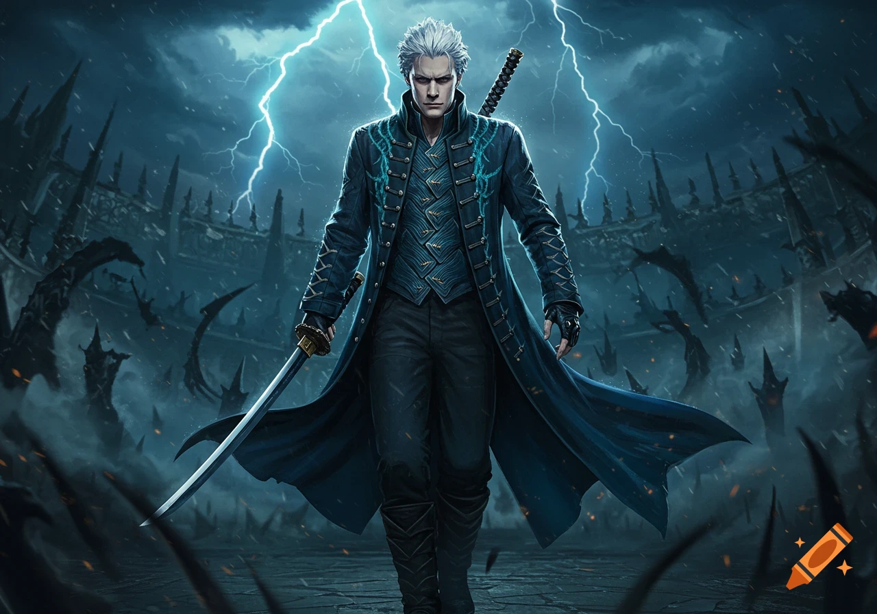 Vergil from Devil May Cry 5 stands with a katana in a dark, stormy, fantasy setting with lightning and castle ruins.