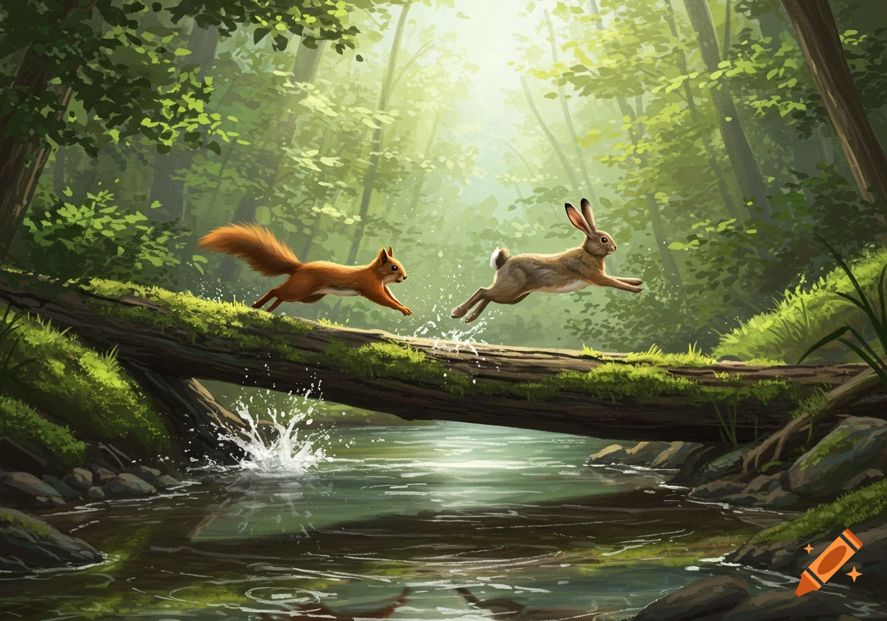 A squirrel and a rabbit leap over a mossy log spanning a stream in a sun-dappled forest, in an illustrative style.