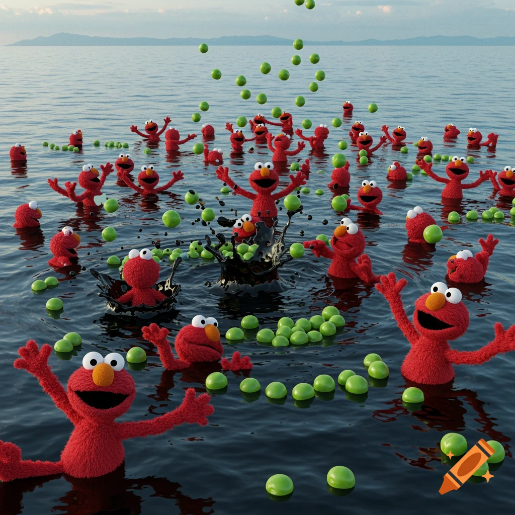 Many red Elmo-like characters are happily swimming in a lake with green peas and black tar splashes.