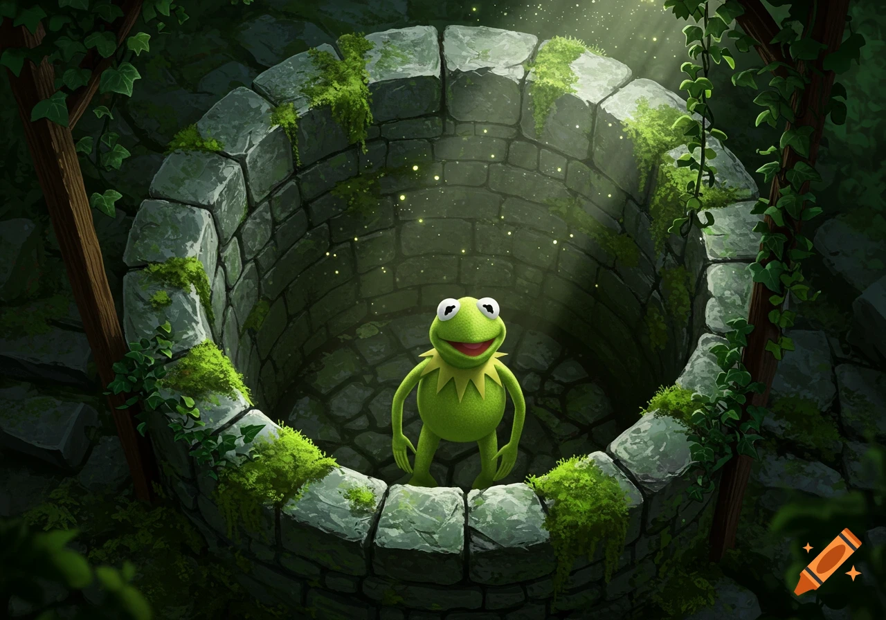 Kermit the Frog stands at the bottom of an old moss-covered stone well, with magical light filtering in from above.