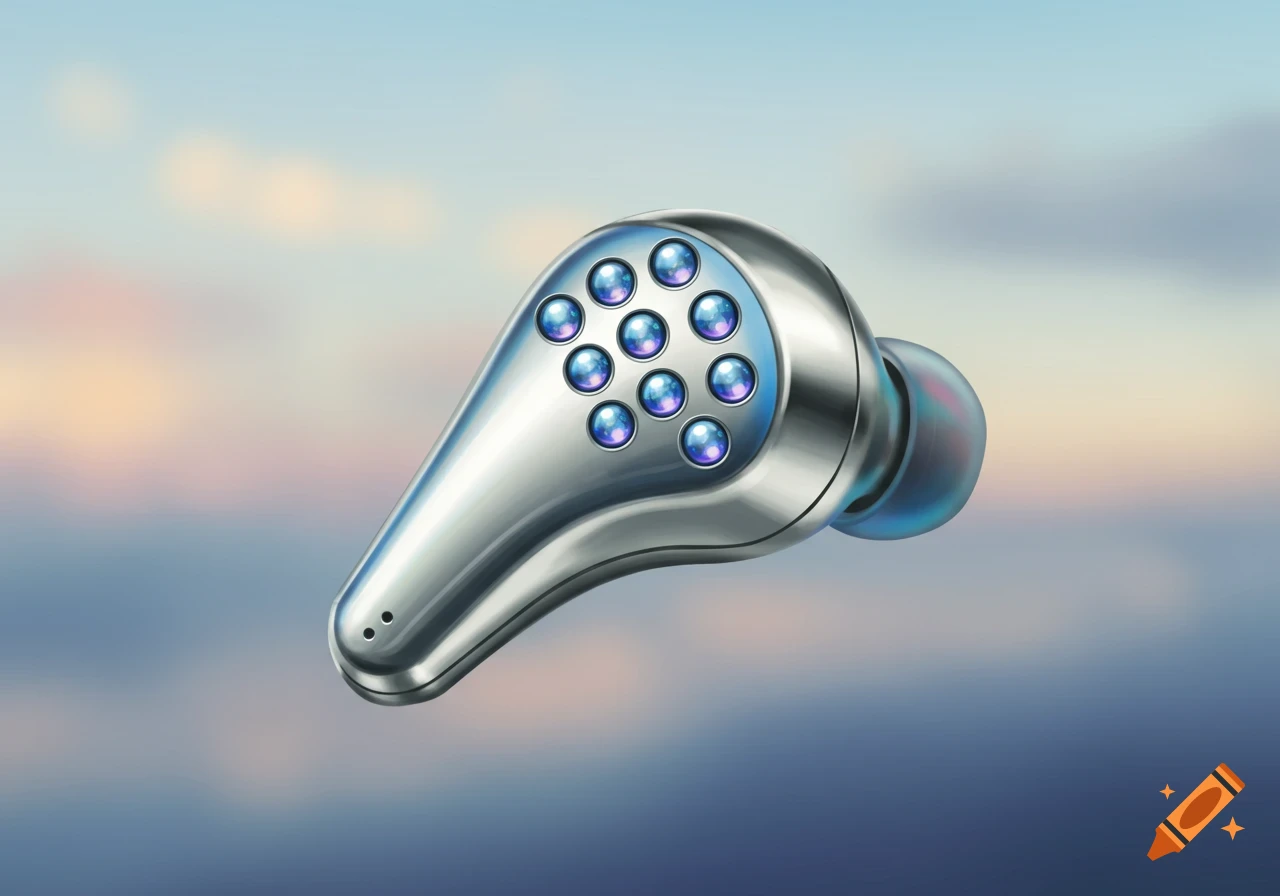 A sleek, metallic earbud with nine glowing blue circular lights, against a blurred sky background.
