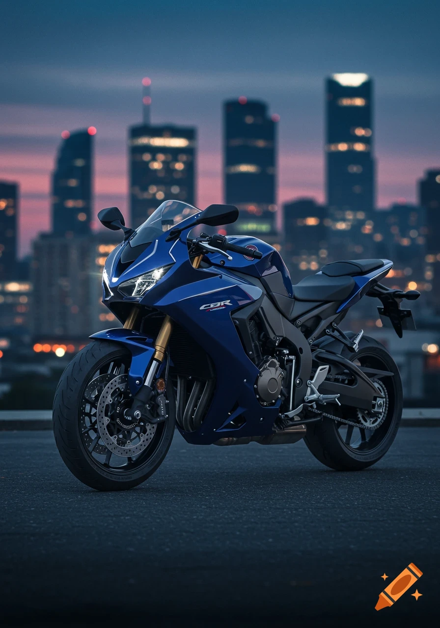 A detailed blue Honda CBR motorcycle is parked on asphalt with a blurred city skyline at dusk in the background, photorealistic style.