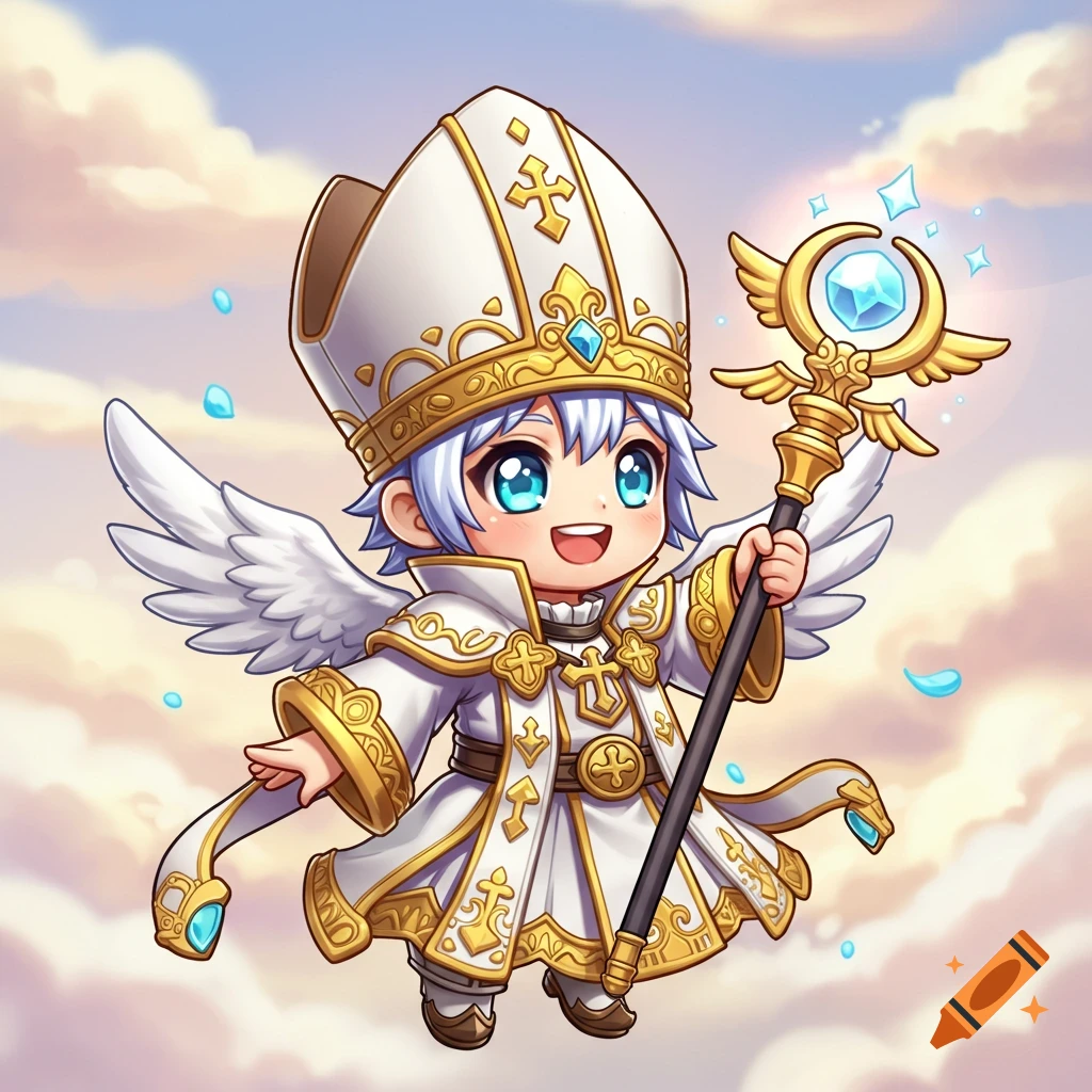 A cute chibi anime angel character in white robes and wings, holding a glowing staff, floating in a bright, cloudy sky.