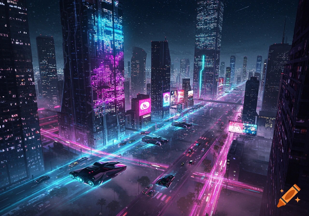 A vibrant, futuristic cyberpunk cityscape at night with neon-lit skyscrapers and flying cars over glowing highways.