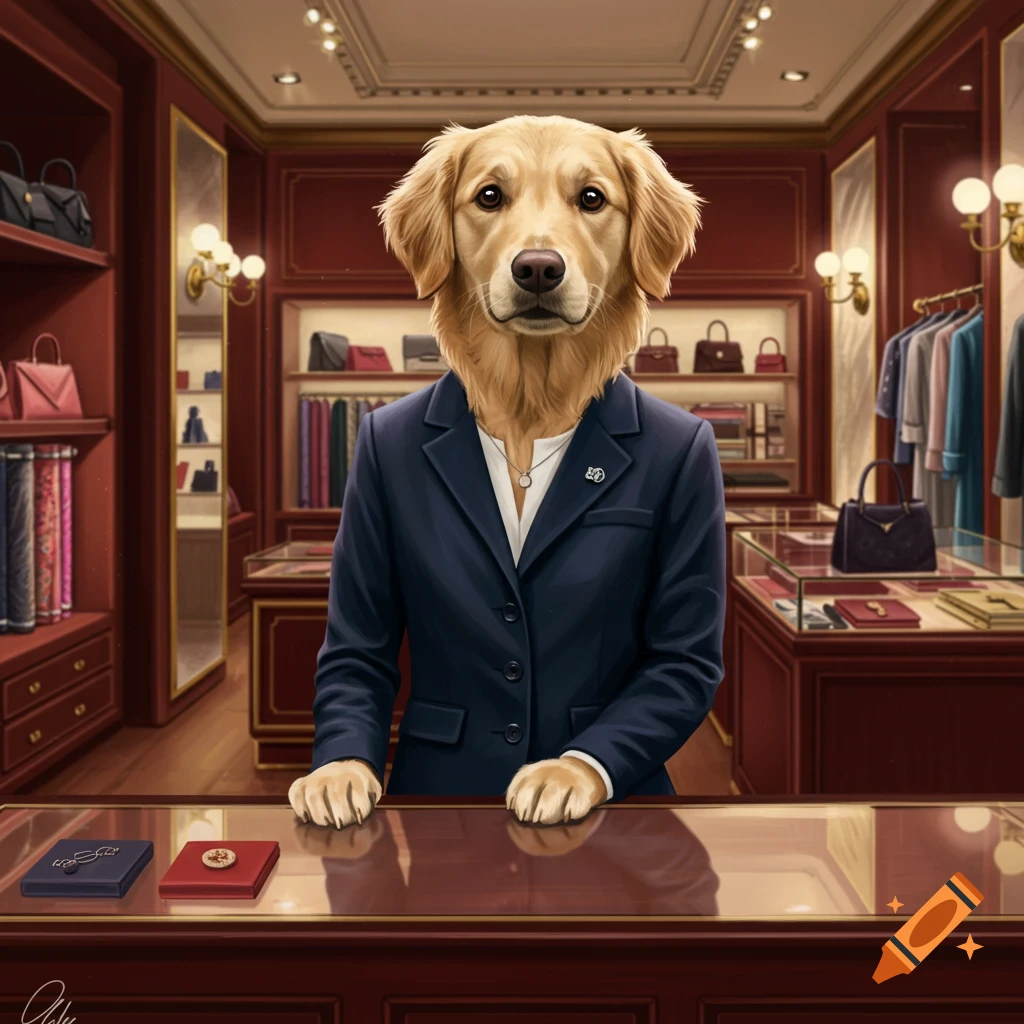 A golden retriever in a navy suit works as a saleswoman behind a counter in a luxurious boutique. Photorealistic illustration.