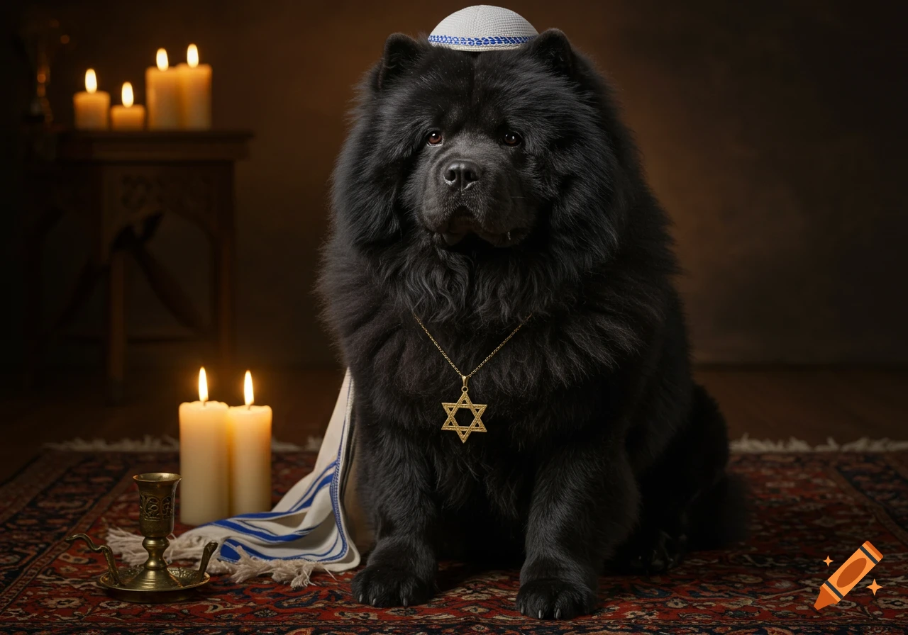 A black Chow Chow dog wearing a white kippah and a Star of David necklace sits on a patterned rug surrounded by lit candles.