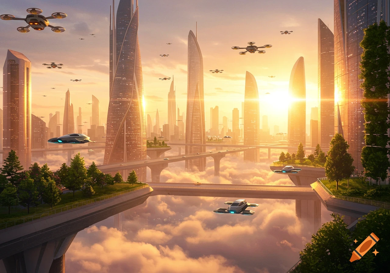 Vibrant futuristic cityscape at sunrise with tall skyscrapers, flying cars, and drones, above a sea of clouds.