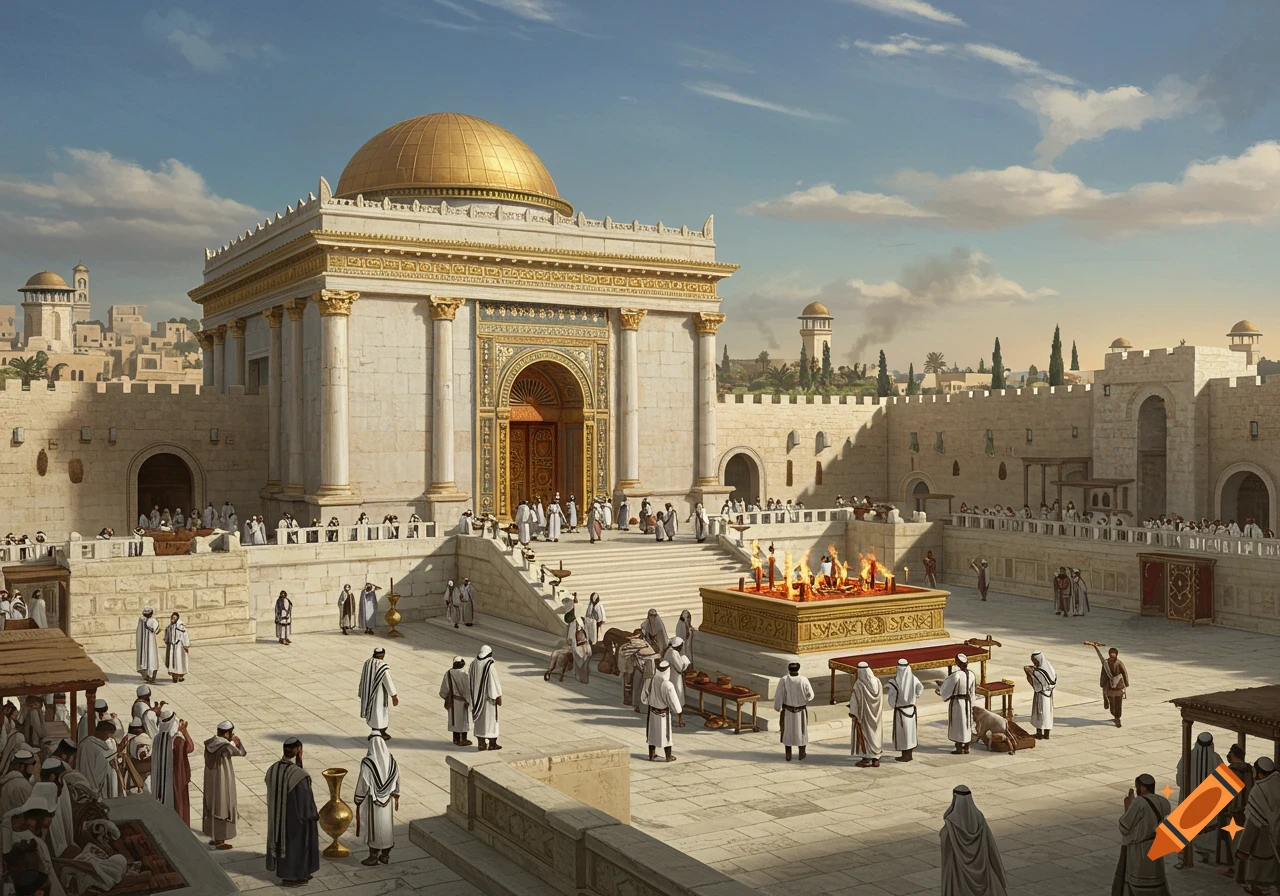 A detailed illustration of the Second Temple of Jerusalem with priests performing rituals in a sunny courtyard.