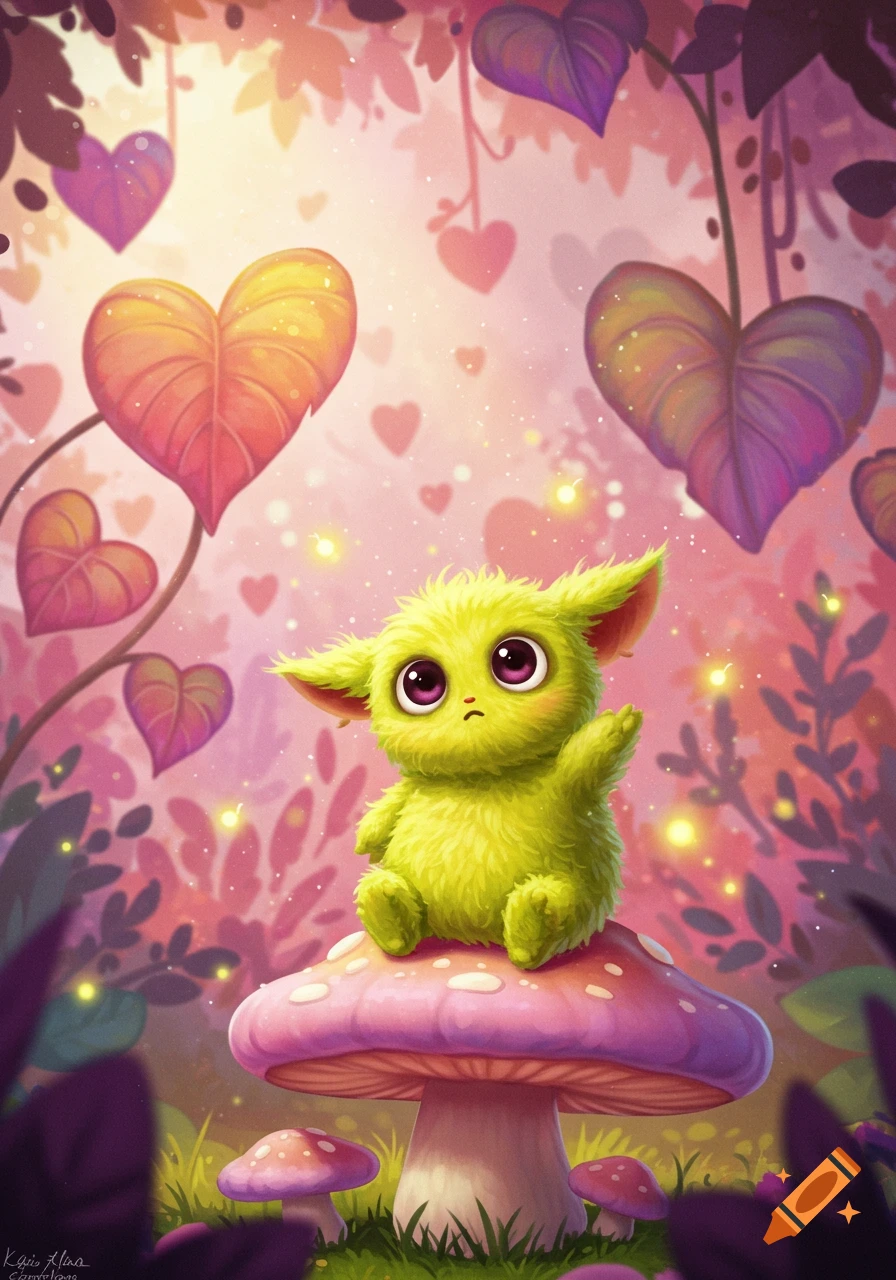 A fluffy green creature with large purple eyes sits on a pink and purple mushroom in a whimsical forest with heart-shaped leaves and glowing lights.
