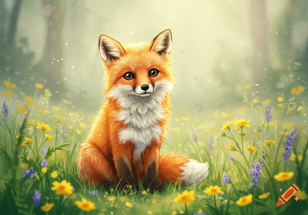 A cute, stylized fox with orange and white fur sits in a field of yellow and purple wildflowers.