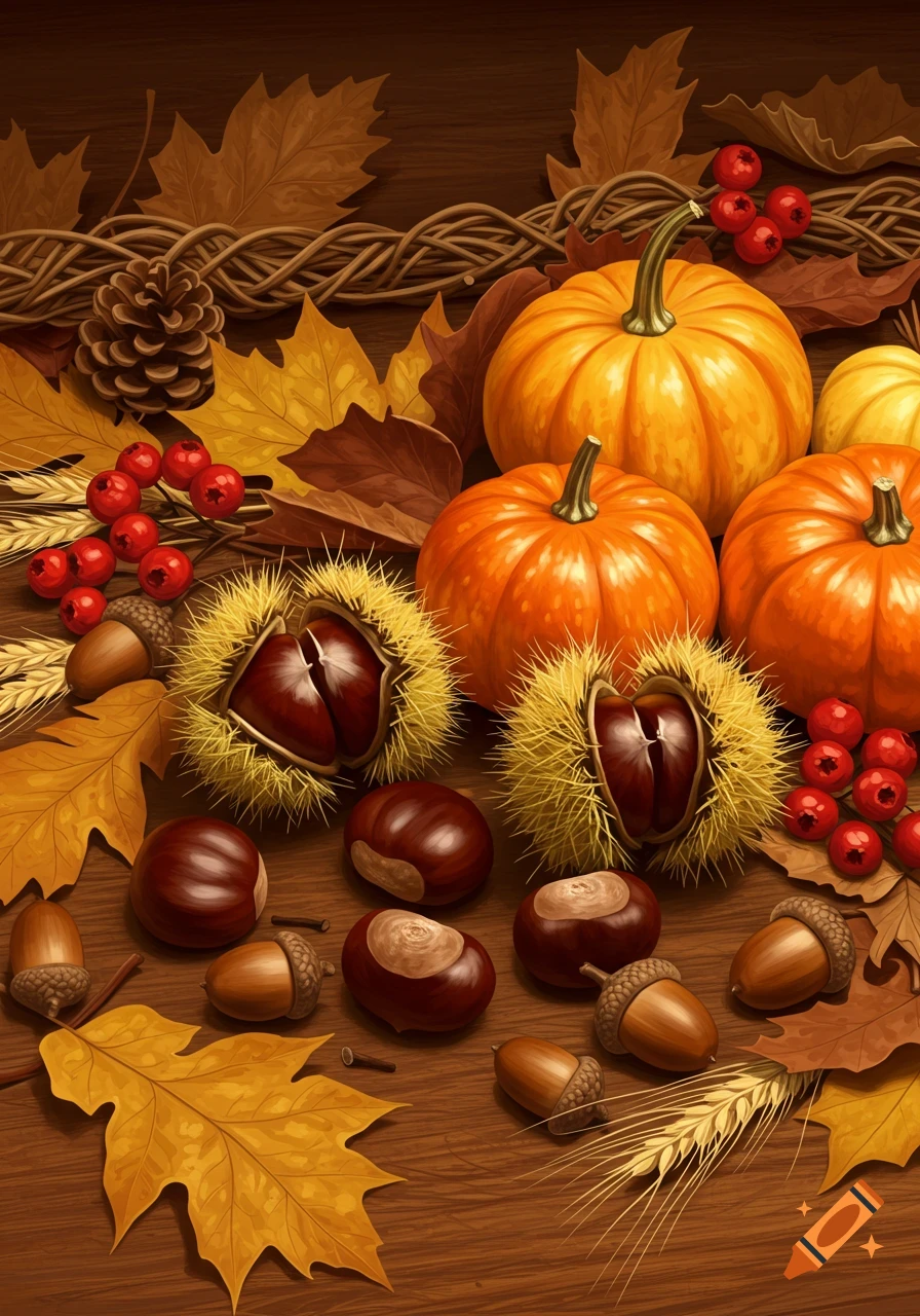 Stylized illustration of autumn decorations with pumpkins, chestnuts, acorns, red berries, pinecones, wheat, and fall leaves arranged on wood.