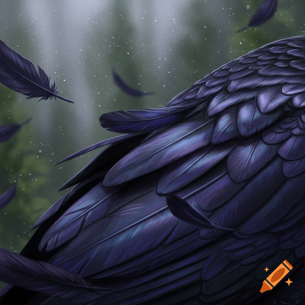 Close-up of iridescent black and purple feathers, with several detached feathers floating against a misty green background.