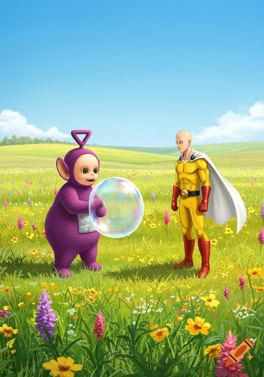 A purple Teletubby holds a bubble near One Punch Man in a vibrant field of wildflowers.