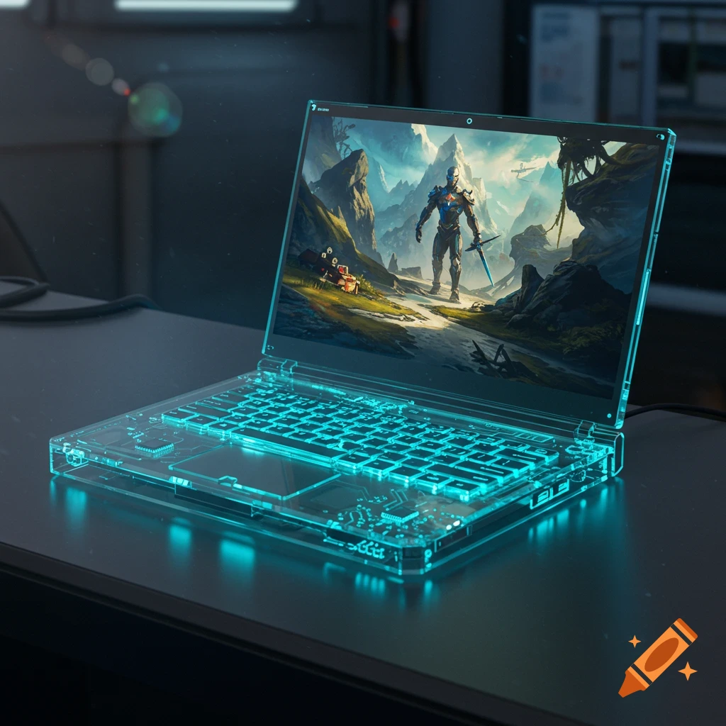 A futuristic transparent laptop with a glowing blue keyboard sits on a dark desk, displaying a fantasy video game scene with a knight in armor on its screen.
