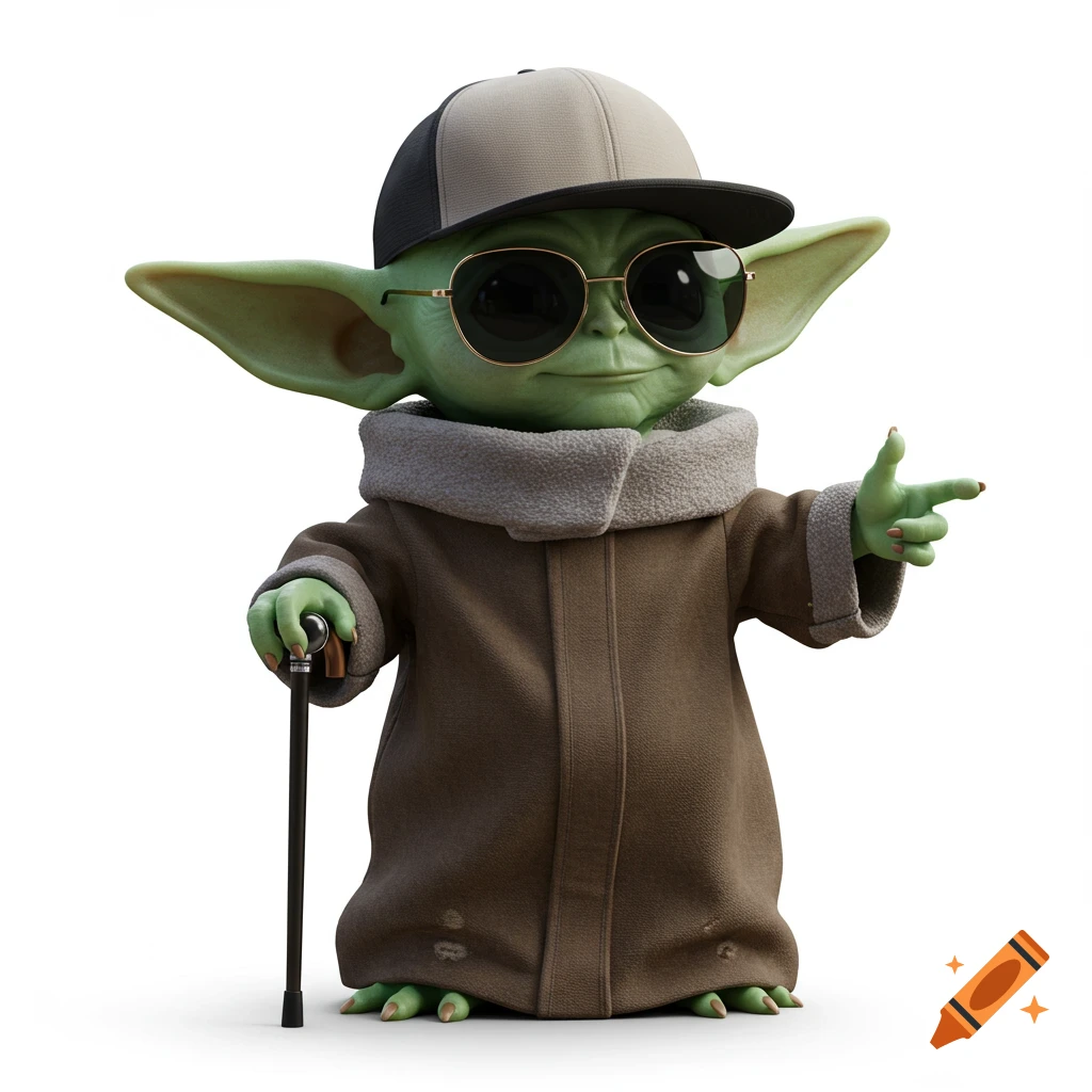 Photorealistic Grogu wearing a backwards baseball cap, dark sunglasses, holding a cane, and pointing right on a white background.