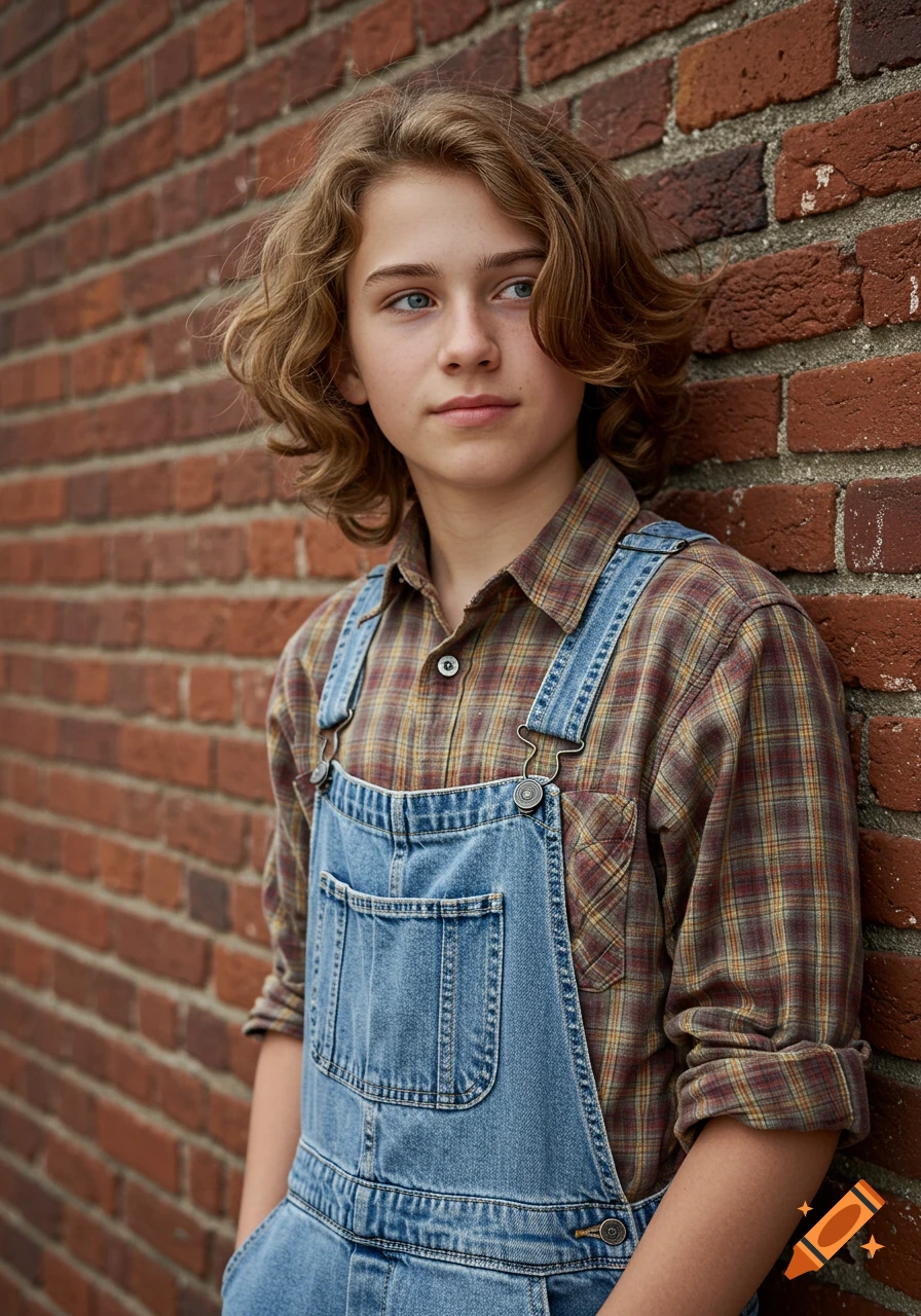 A boy with wavy blond hair and blue eyes, wearing a plaid shirt and denim overalls, leans contemplatively against a red brick wall.