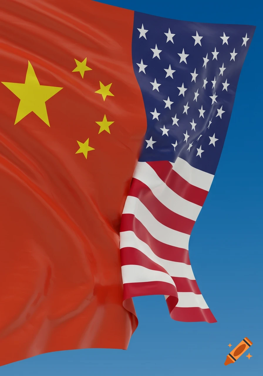 A flag that is half Chinese (red with yellow stars) and half American (stars and stripes), waving against a blue sky.