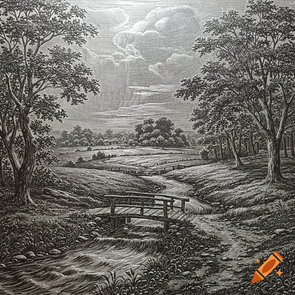 Black and white engraving of a serene landscape featuring a river, a wooden bridge, a winding path, and lush trees under a cloudy sky.