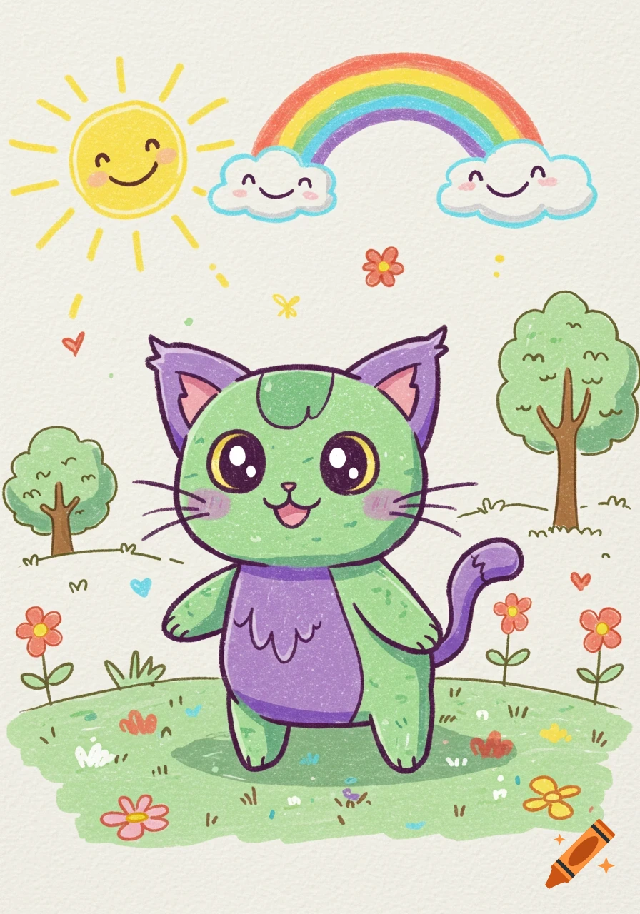 A colorful cartoon drawing of a green and purple cat with big eyes smiling in a field with trees, flowers, a rainbow, and a smiling sun.