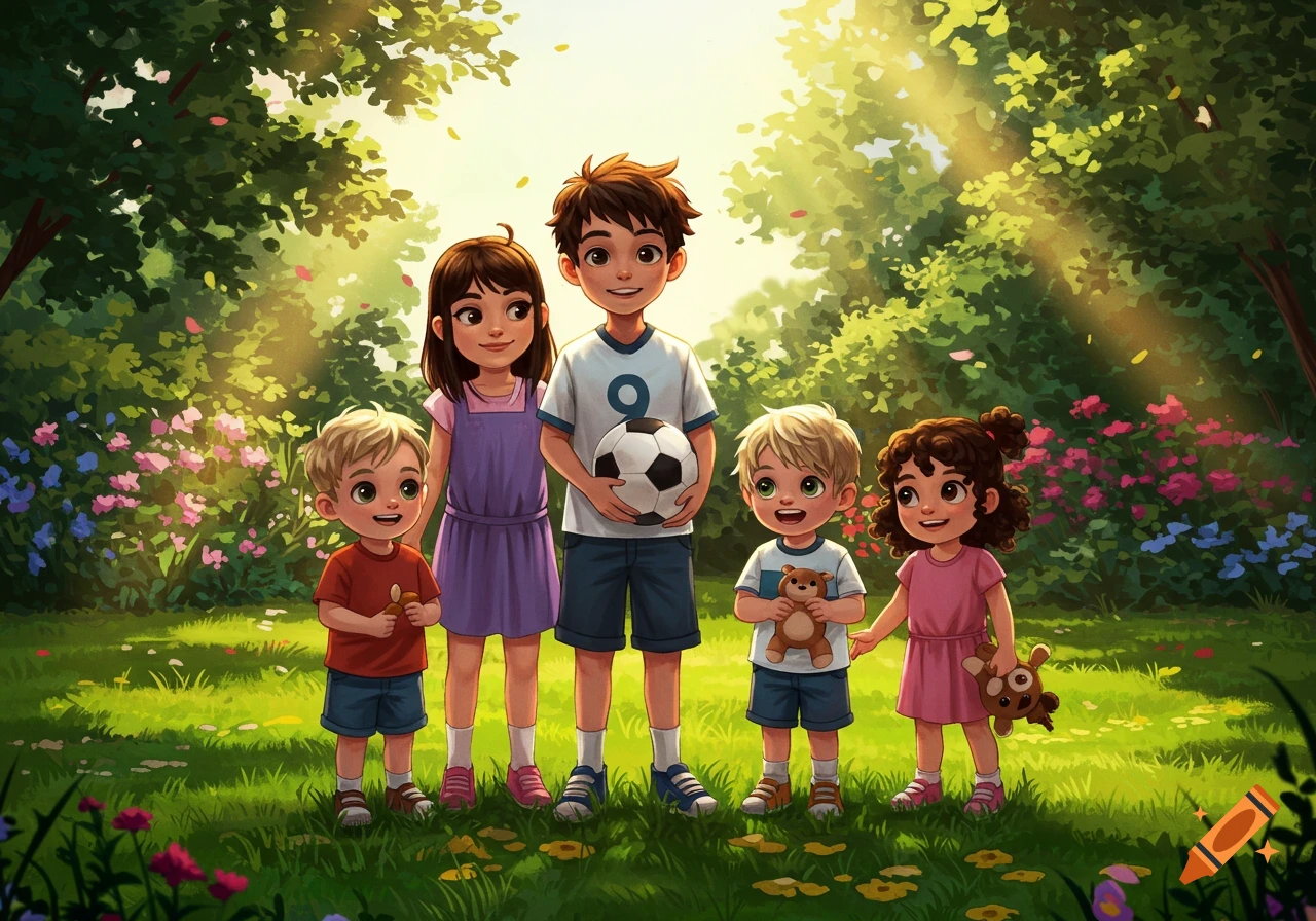 Five happy children, including a boy with a soccer ball and two holding teddy bears, stand in a sunny, green park in an illustrated style.
