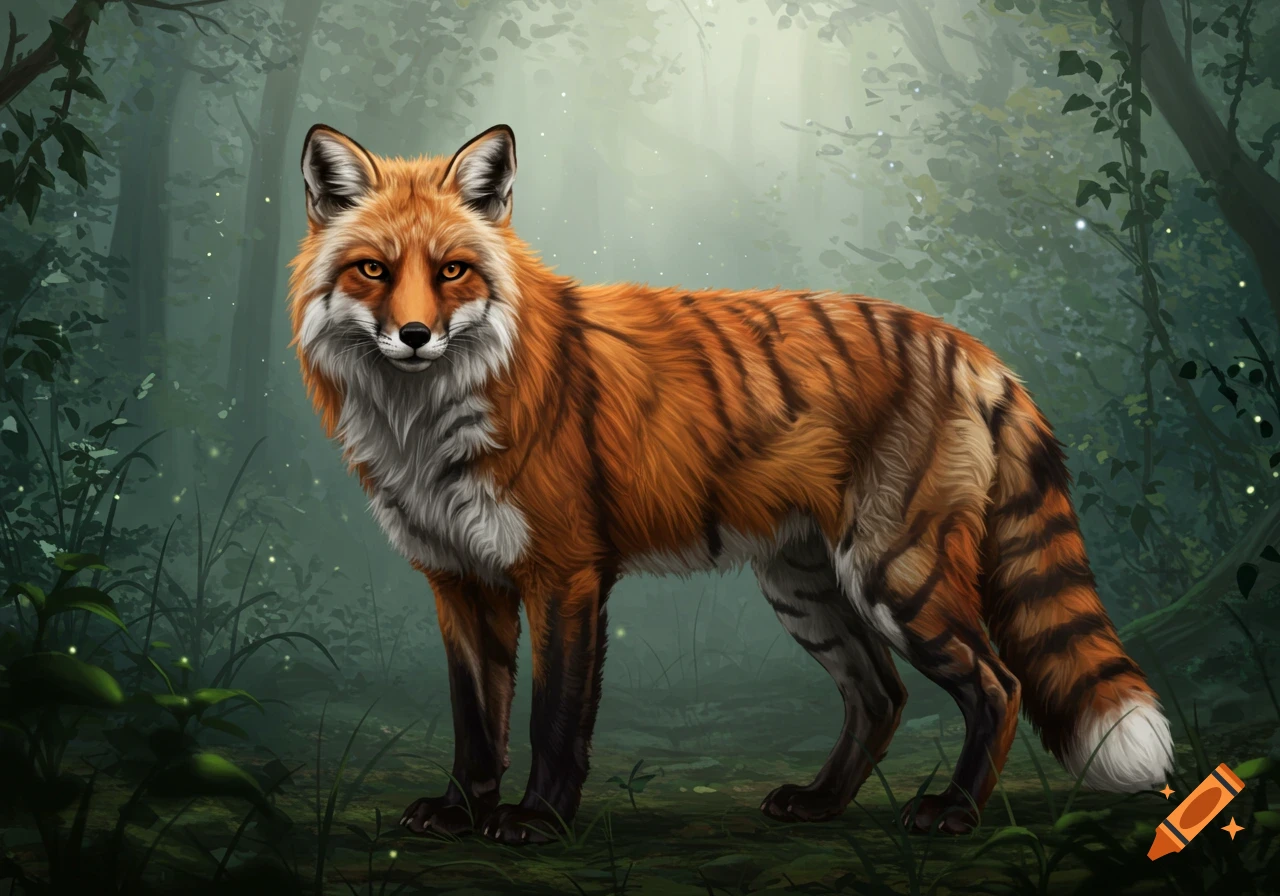 A majestic fox with orange fur and black tiger stripes stands in a misty, enchanted forest with glowing fireflies.