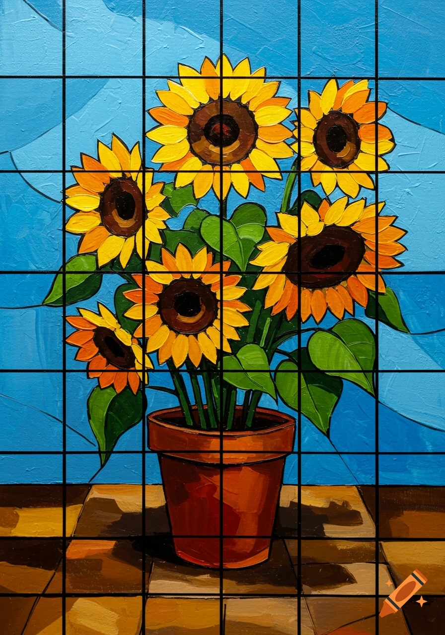 A vibrant stained glass style painting featuring a bouquet of sunflowers in a brown pot, set against a bright blue background.