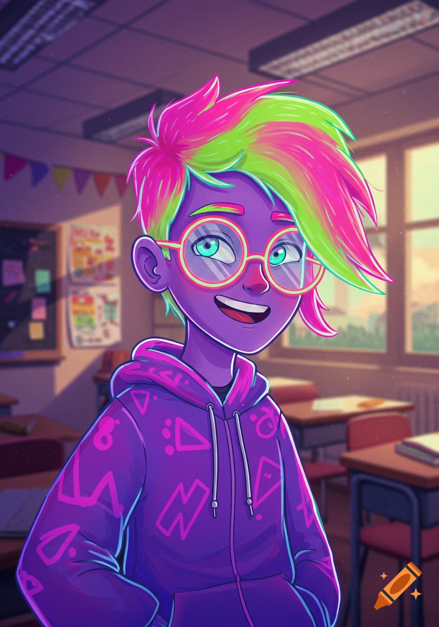 A vibrant cartoon teenager with purple skin and spiky pink and green hair, wearing a purple hoodie, smiles in a classroom.