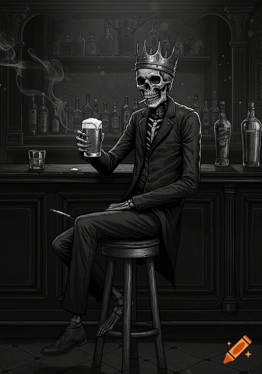 Black and white illustration of a crowned skeleton in a suit, smoking and drinking beer at a bar.