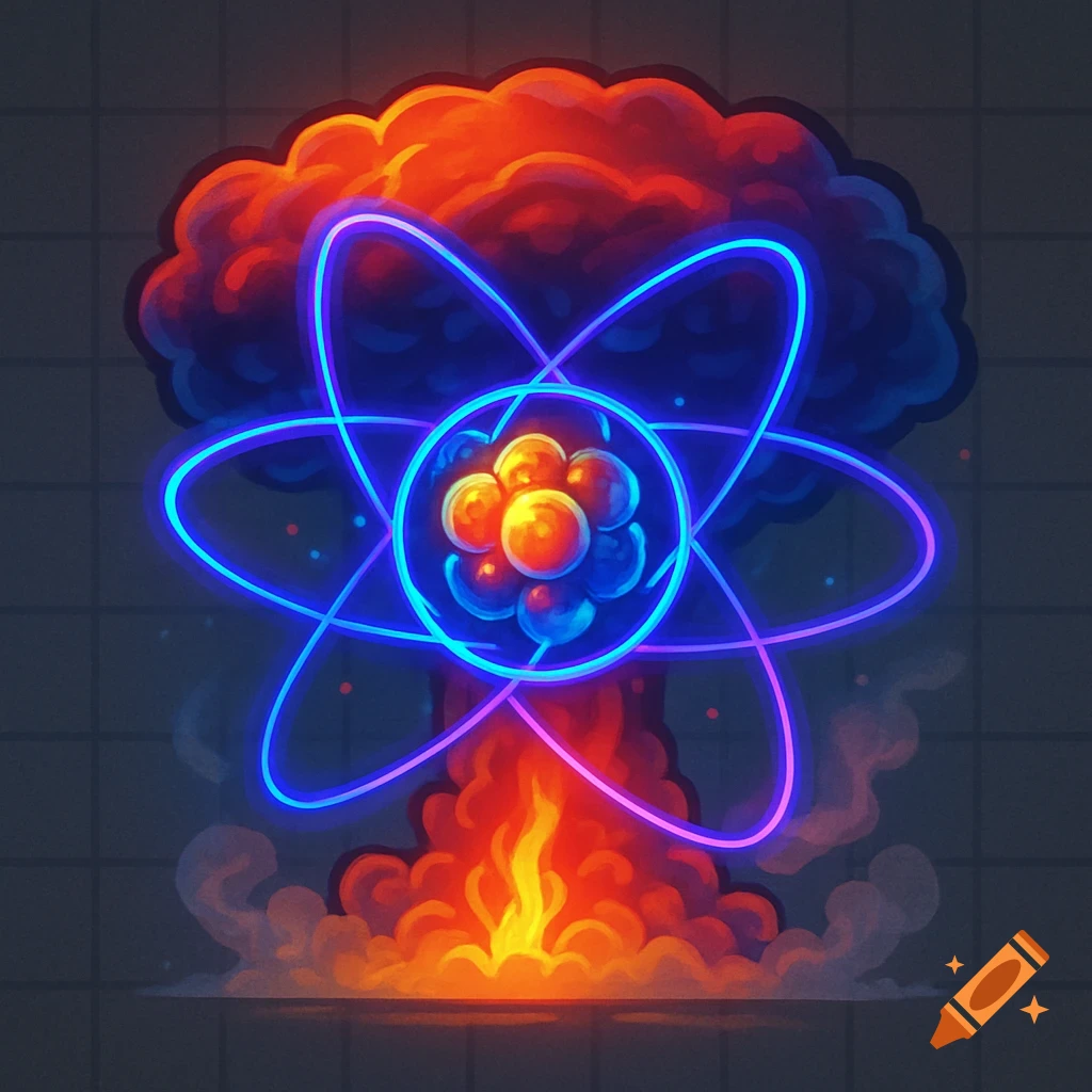 A stylized atomic mushroom cloud with a neon blue atom diagram superimposed over it, against a dark grid background.
