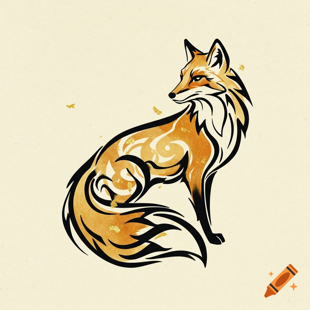 Stylized orange and black fox in calligraphic art style with gold accents on a light beige background.