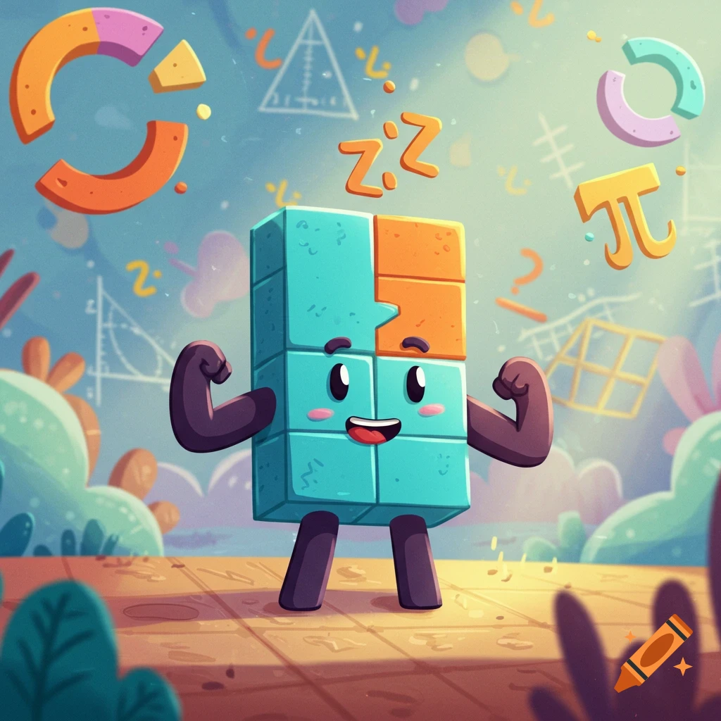 A cheerful, muscular blue and orange block character stands among colorful math symbols like pi and a pie chart, in a bright cartoon style.