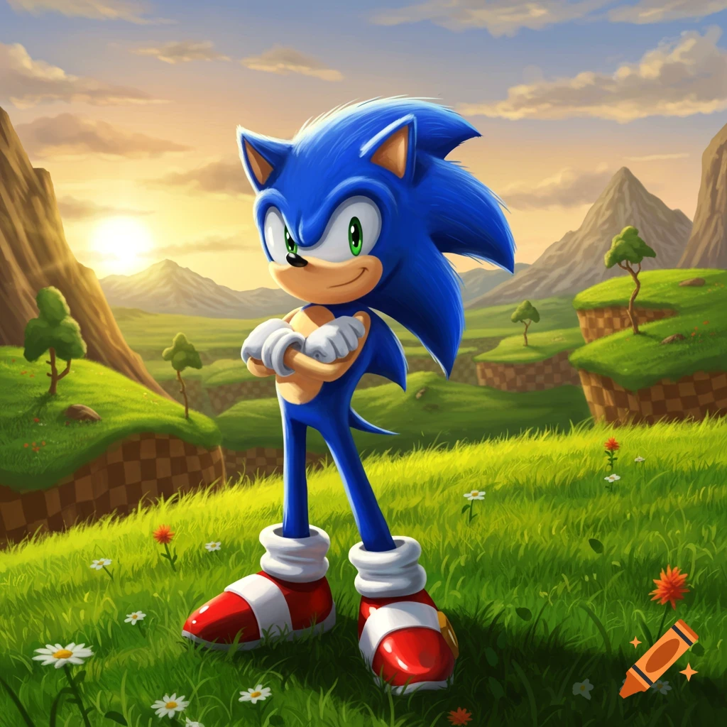 Sonic the Hedgehog smiles with crossed arms in a vibrant green valley at sunset.