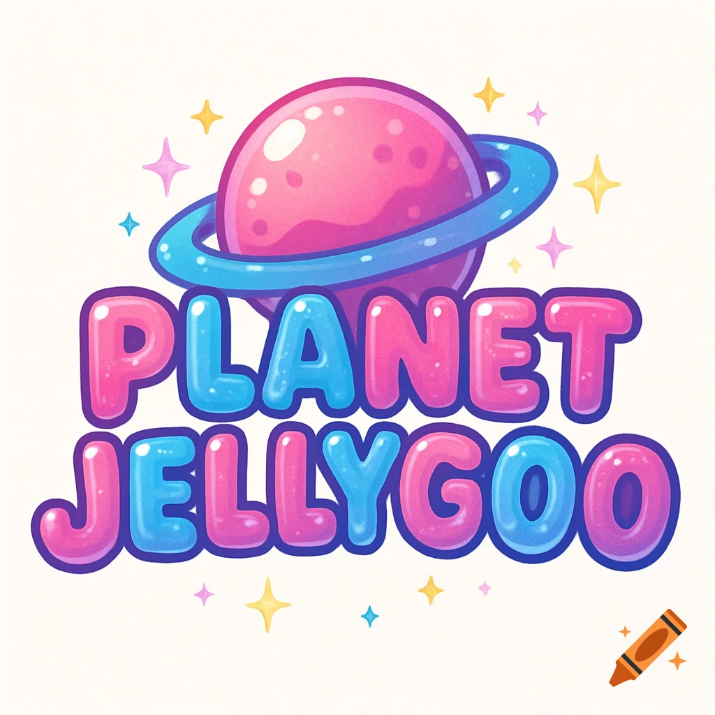 A colorful logo for 'Planet Jellygoo' with a pink planet and blue ring, surrounded by stars and sparkles, above shiny pink and blue bubble letters.