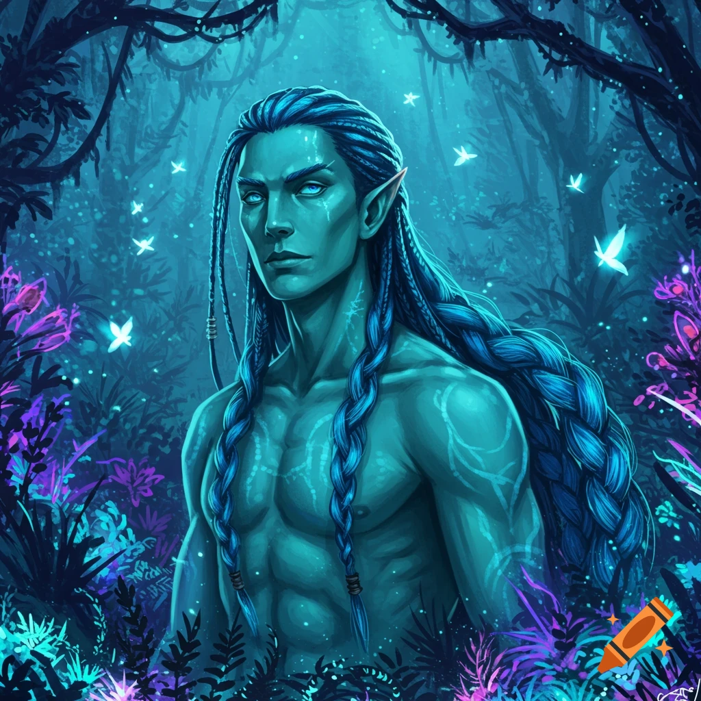 Digital fantasy art of a blue-skinned man with braided blue hair and pointed ears in a glowing, mystical forest.