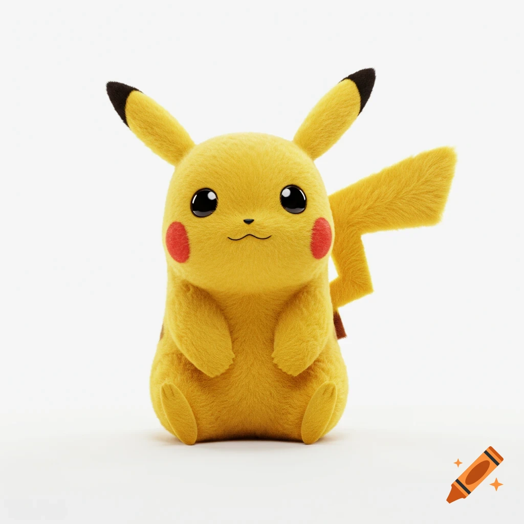 A fluffy yellow Pikachu toy with red cheeks, black-tipped ears, and a lightning bolt tail sits on a clean white background.