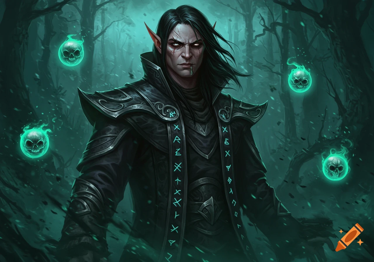 A dark elf warlock with a scar, long black hair, and glowing runes on his coat stands in a misty forest with floating green skull wisps.