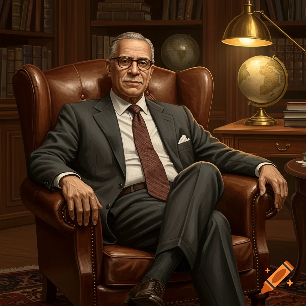 A distinguished older man in a suit and glasses sits in a leather armchair within a study filled with bookshelves and globes.